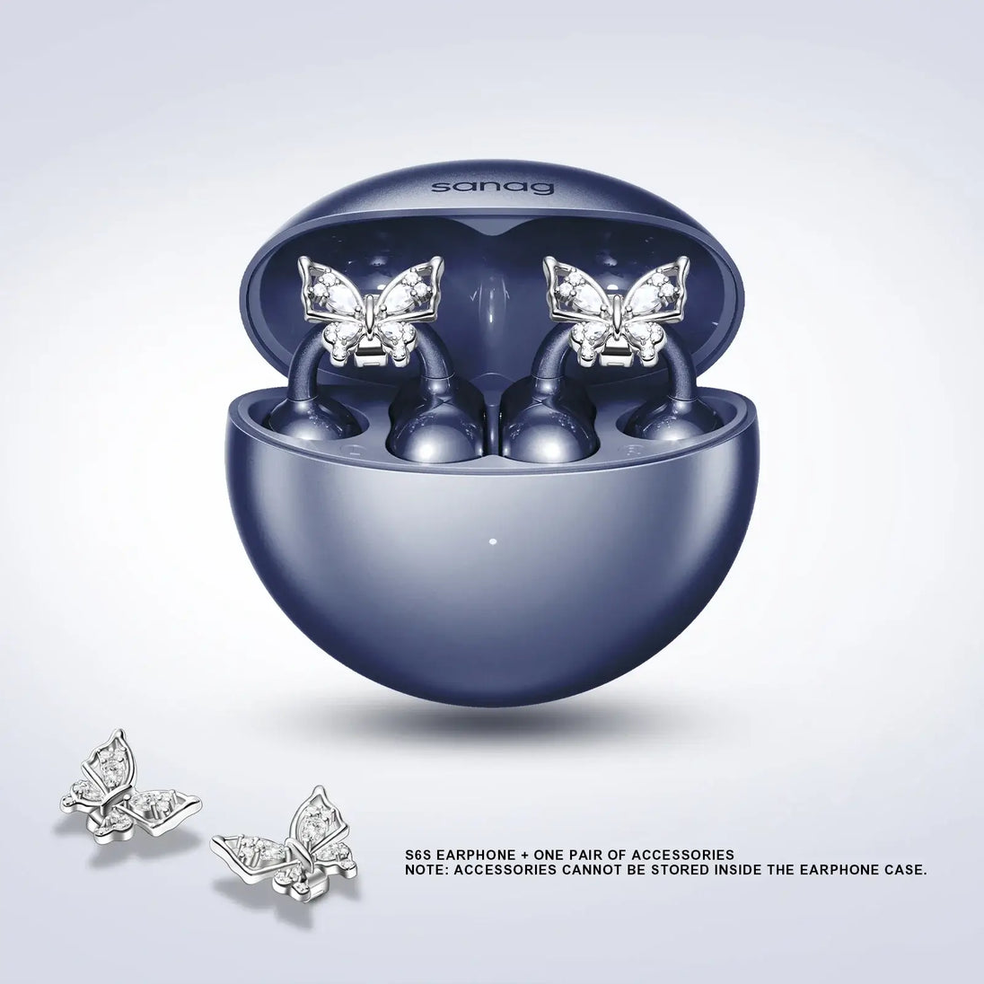 Sanag wireless earphones in navy blue case with butterfly accessories for stylish audio experience.