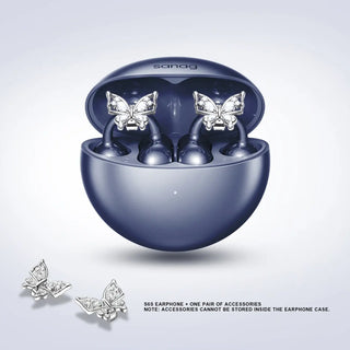 Sanag wireless earphones in navy blue case with butterfly accessories for stylish audio experience.