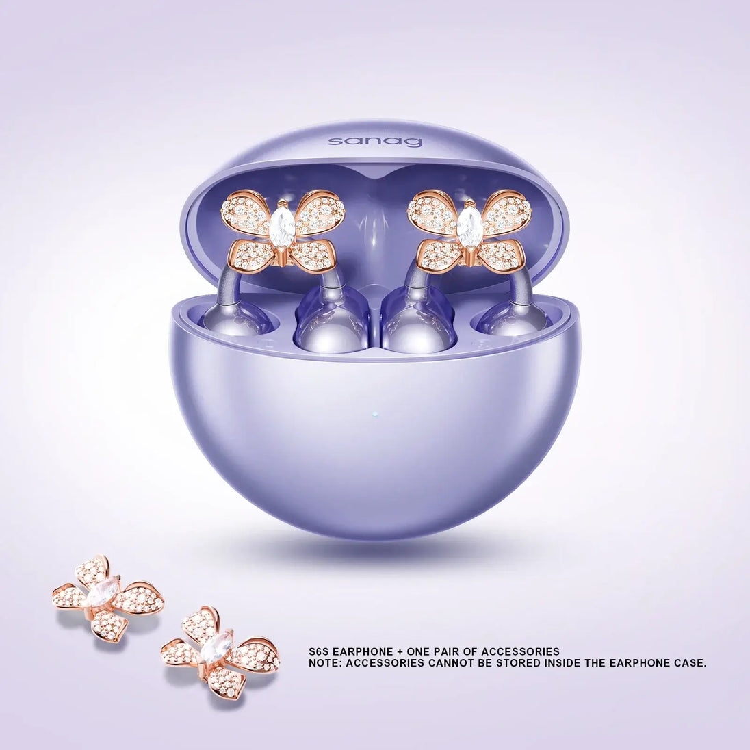 Sanag wireless Bluetooth earbuds in a decorative purple case with butterfly accessories.