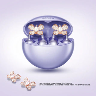 Sanag wireless Bluetooth earbuds in a decorative purple case with butterfly accessories.