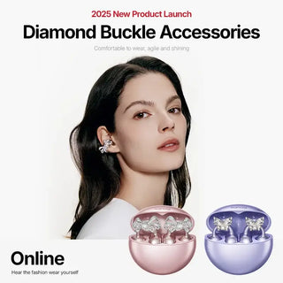 Diamond buckle accessories for earbuds, featuring a model wearing elegant designs in pink and purple cases.