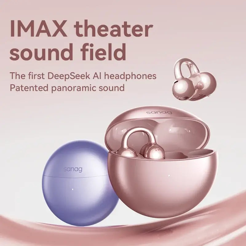 Sanag DeepSeek AI headphones in pink and blue, featuring IMAX theater sound field and patented panoramic sound.