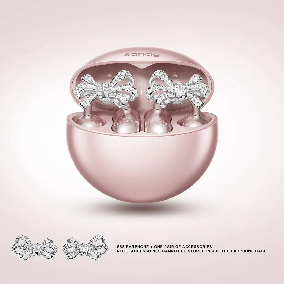 Sanag wireless earphones in a pink case with bow accessories, perfect for stylish audio experiences.