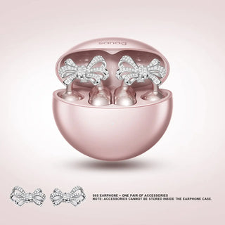 Sanag wireless earphones in a pink case with bow accessories, perfect for stylish audio experiences.