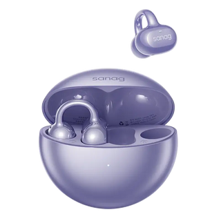 Sanag open-ear clip Bluetooth headphones in purple, wireless design with charging case.