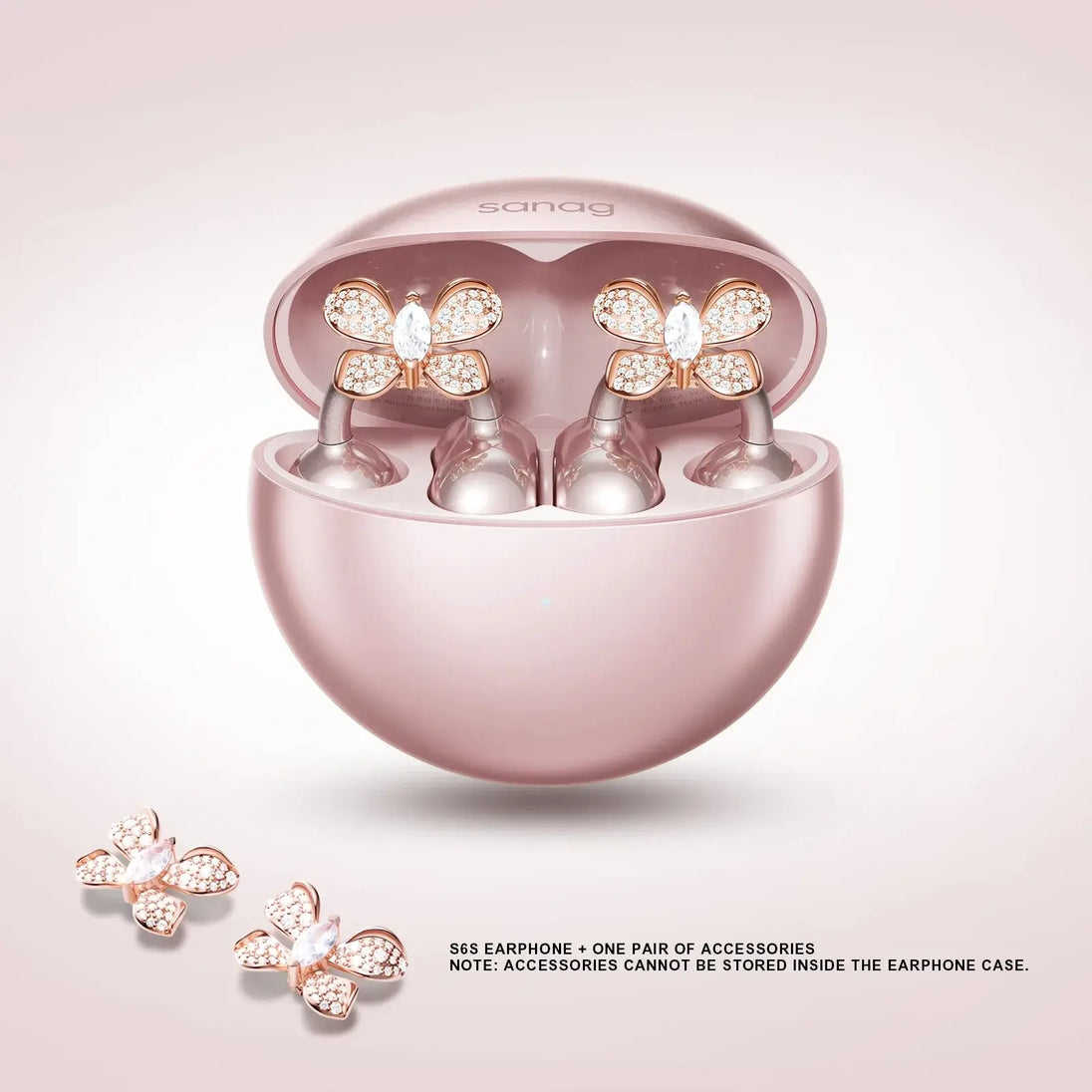 Rose gold Sanag S6 earphone in case with butterfly accessories, elegant design, wireless earphones, stylish accessory.