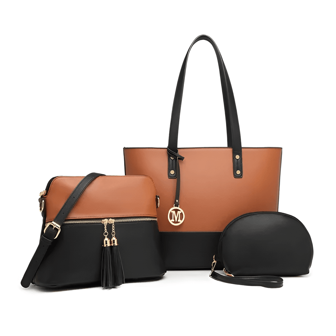 Women’s 3-Piece Handbag Set in brown and black - Tote, Crossbody, and Clutch for stylish functionality.