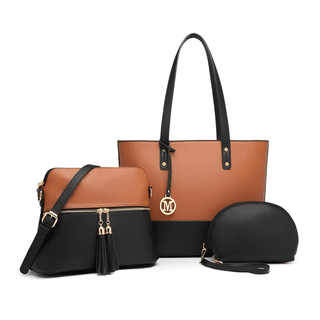Women’s 3-Piece Handbag Set in brown and black - Tote, Crossbody, and Clutch for stylish functionality.
