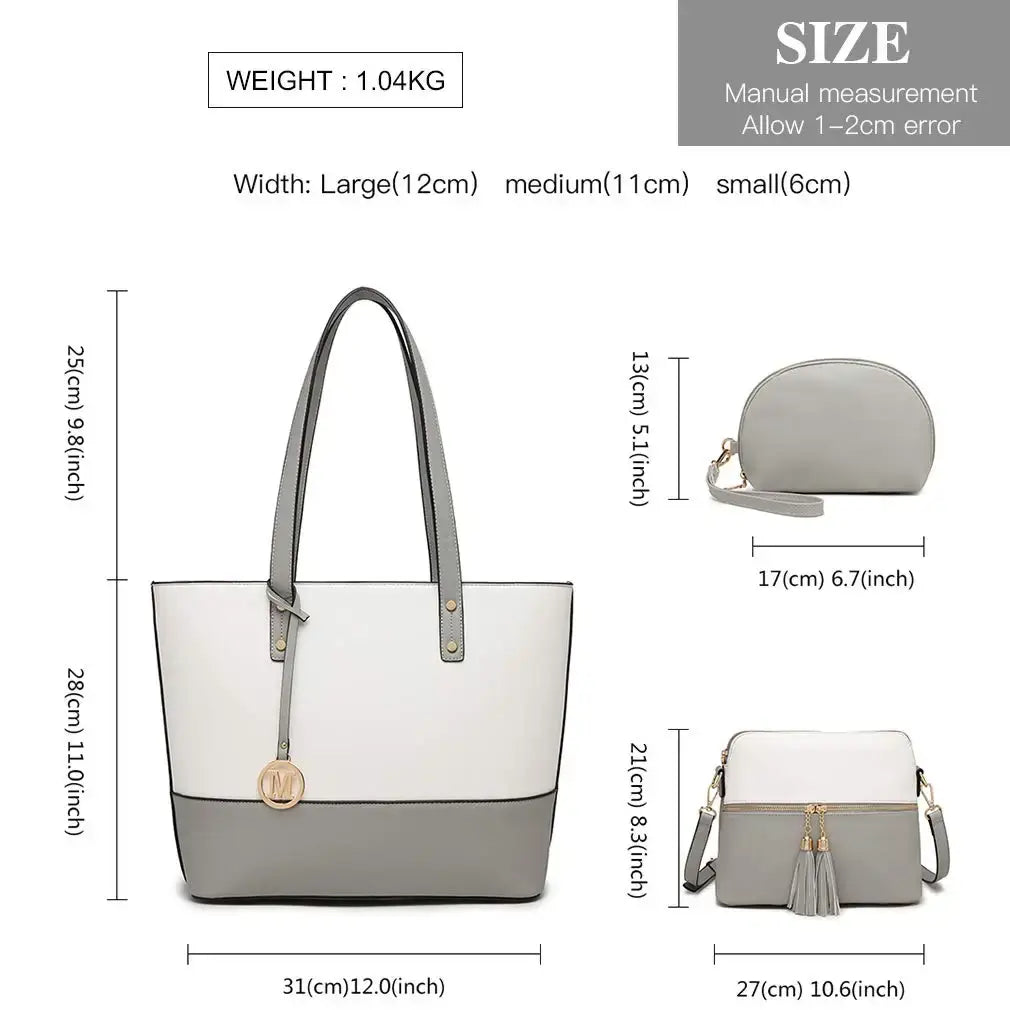 Women’s 3-piece handbag set in gray: tote, crossbody, and clutch perfect for stylish functionality.