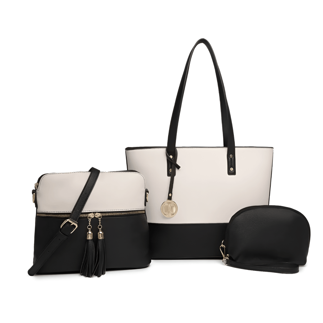 Women’s 3-piece handbag set in black and cream, including tote, crossbody, and clutch for stylish occasions.