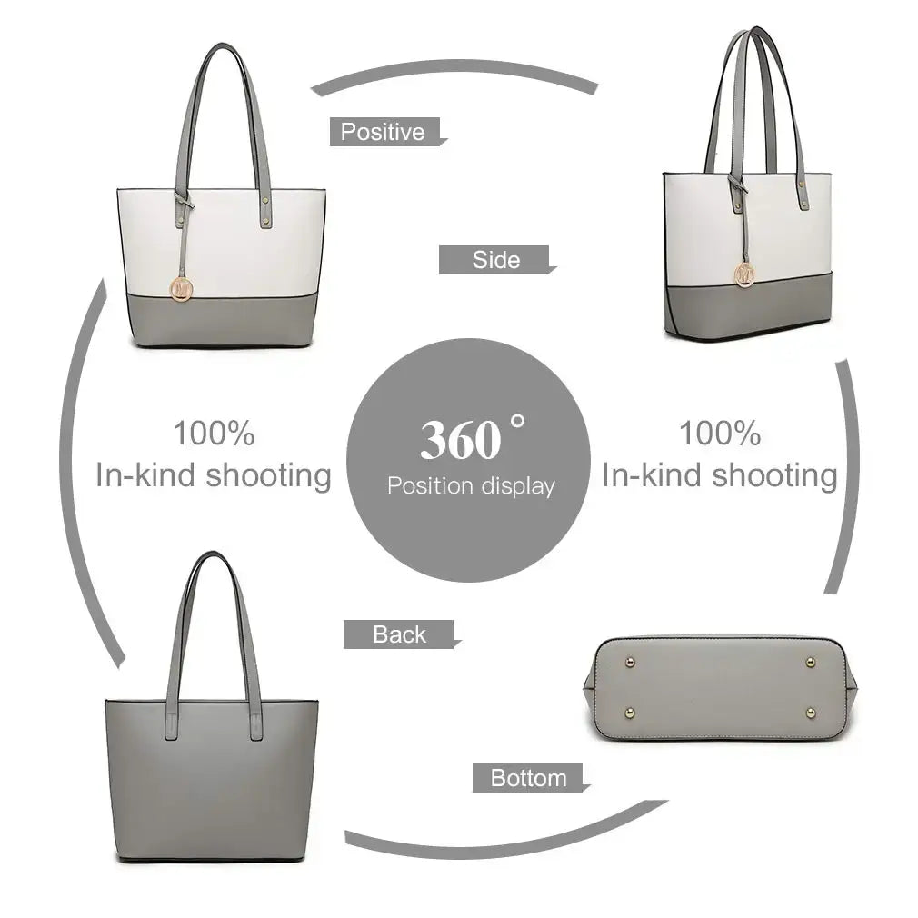 360-degree view of women's grey tote bag showcasing side, back, and bottom features.