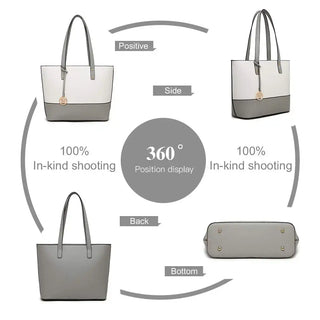 360-degree view of women's grey tote bag showcasing side, back, and bottom features.