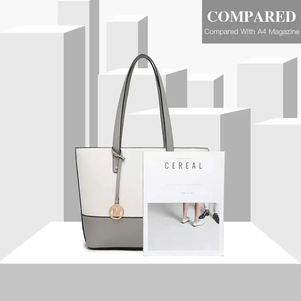 Women’s tote bag in modern two-tone design, elegant white and gray, perfect for stylish everyday use.
