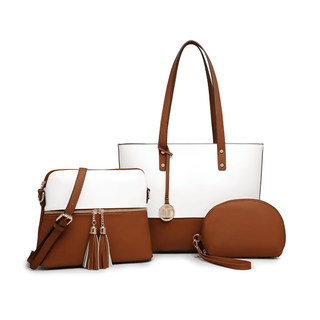 Women’s 3-Piece Handbag Set – Brown & White Tote, Crossbody & Clutch in high-quality PU leather.