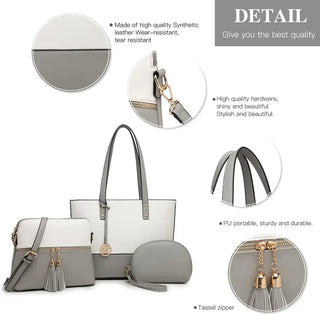 Women’s 3-piece handbag set in gray: tote, crossbody, and clutch made of durable synthetic leather.