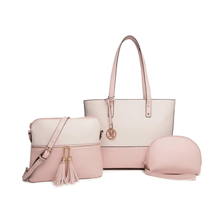 Women’s 3-piece handbag set in pink: elegant tote, practical crossbody, and chic clutch.