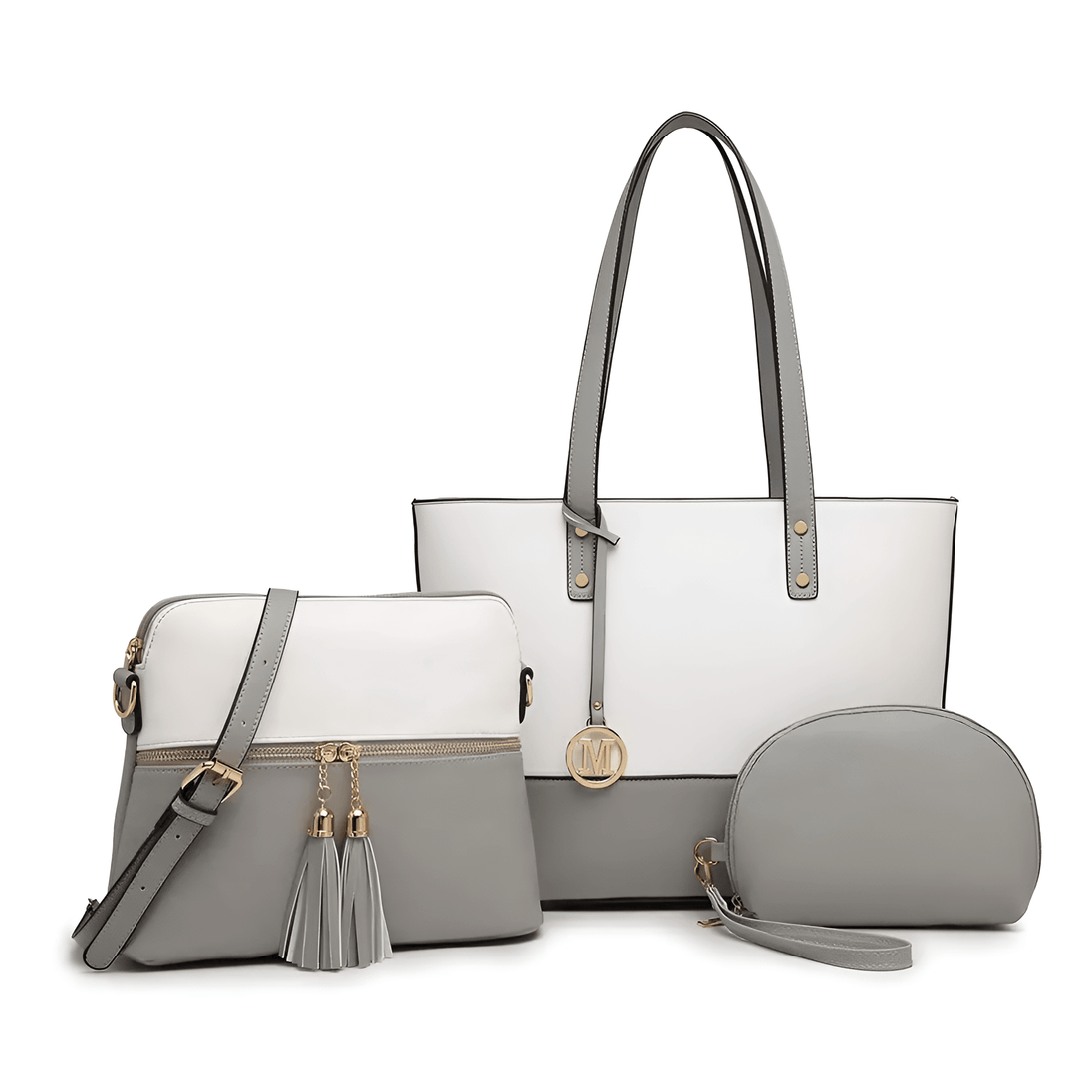 Women’s 3-piece handbag set in gray and white: tote, crossbody, and clutch for stylish versatility.