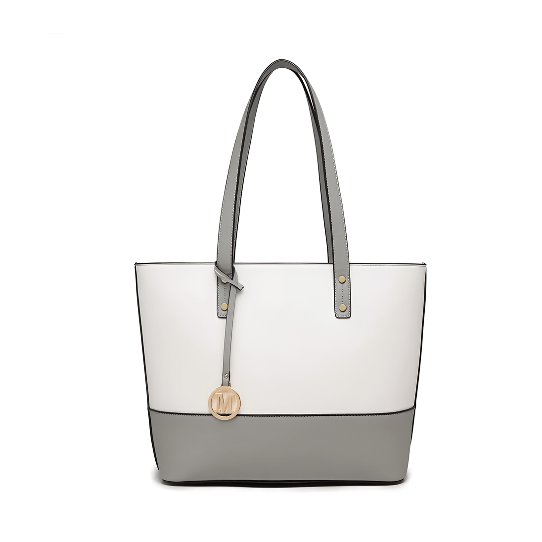 Tote bag set in two-tone white and grey PU leather, spacious design perfect for women, stylish and functional.