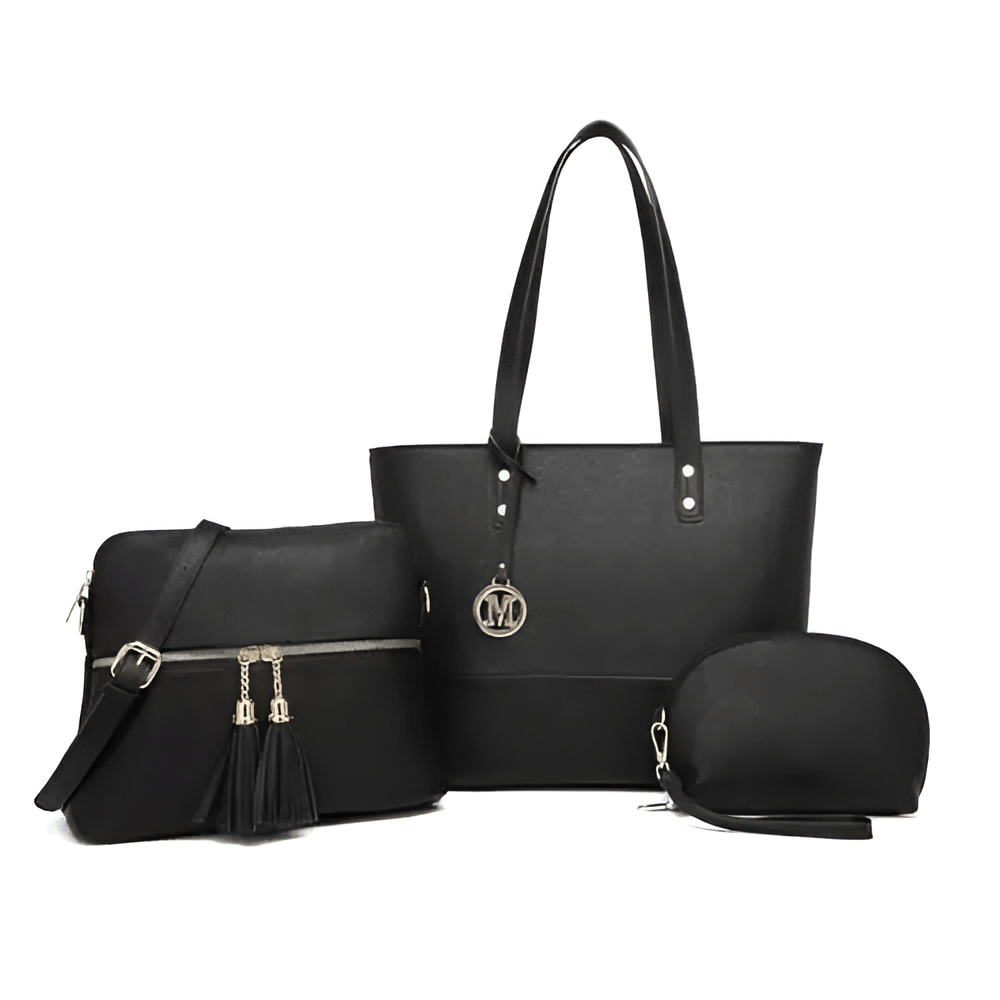 Women's black 3-piece handbag set including tote, crossbody, and clutch, crafted from high-quality PU leather.