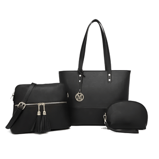 Women's black 3-piece handbag set including tote, crossbody, and clutch, crafted from high-quality PU leather.