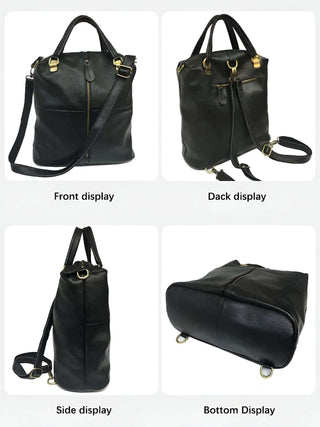 Black leather backpack featuring front, back, side, and bottom views for stylish and practical everyday use.
