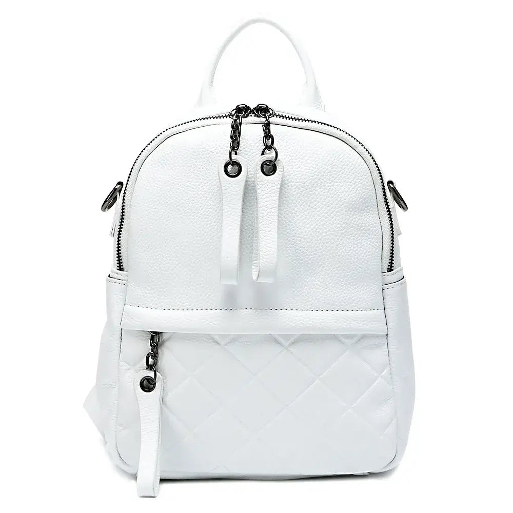 White leather backpack, stylish and functional, with embossed texture and soft cotton lining.
