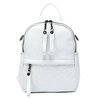 White leather backpack, stylish and functional, with embossed texture and soft cotton lining.