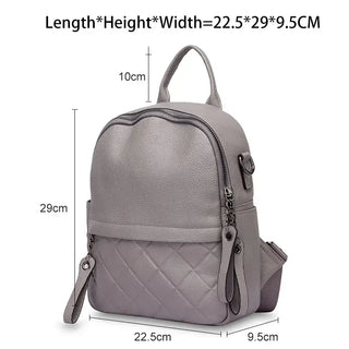 Dimensions of grey softback backpack: 22.5cm length, 29cm height, 9.5cm width, ideal for stylish everyday use.