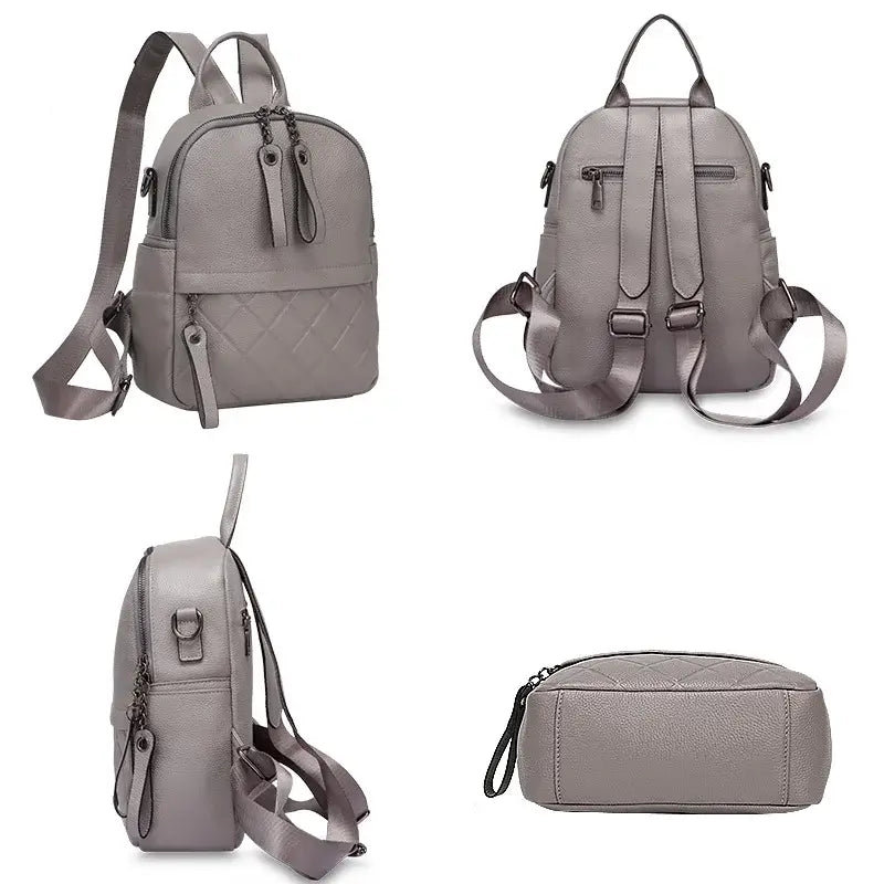 Stylish gray leather backpack with multiple views showcasing its quilted design and adjustable straps.
