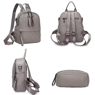 Stylish gray leather backpack with multiple views showcasing its quilted design and adjustable straps.