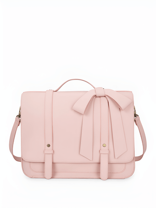 Shoulder bag, pink, multi-function patent leather with removable bow decoration and durable design.