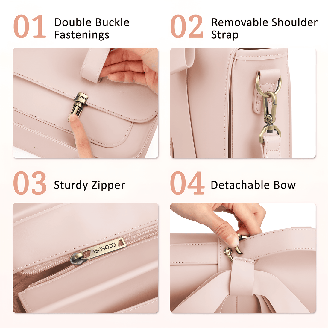 Shoulder bag in pink with double buckle fastenings, detachable bow, and removable strap for versatility.