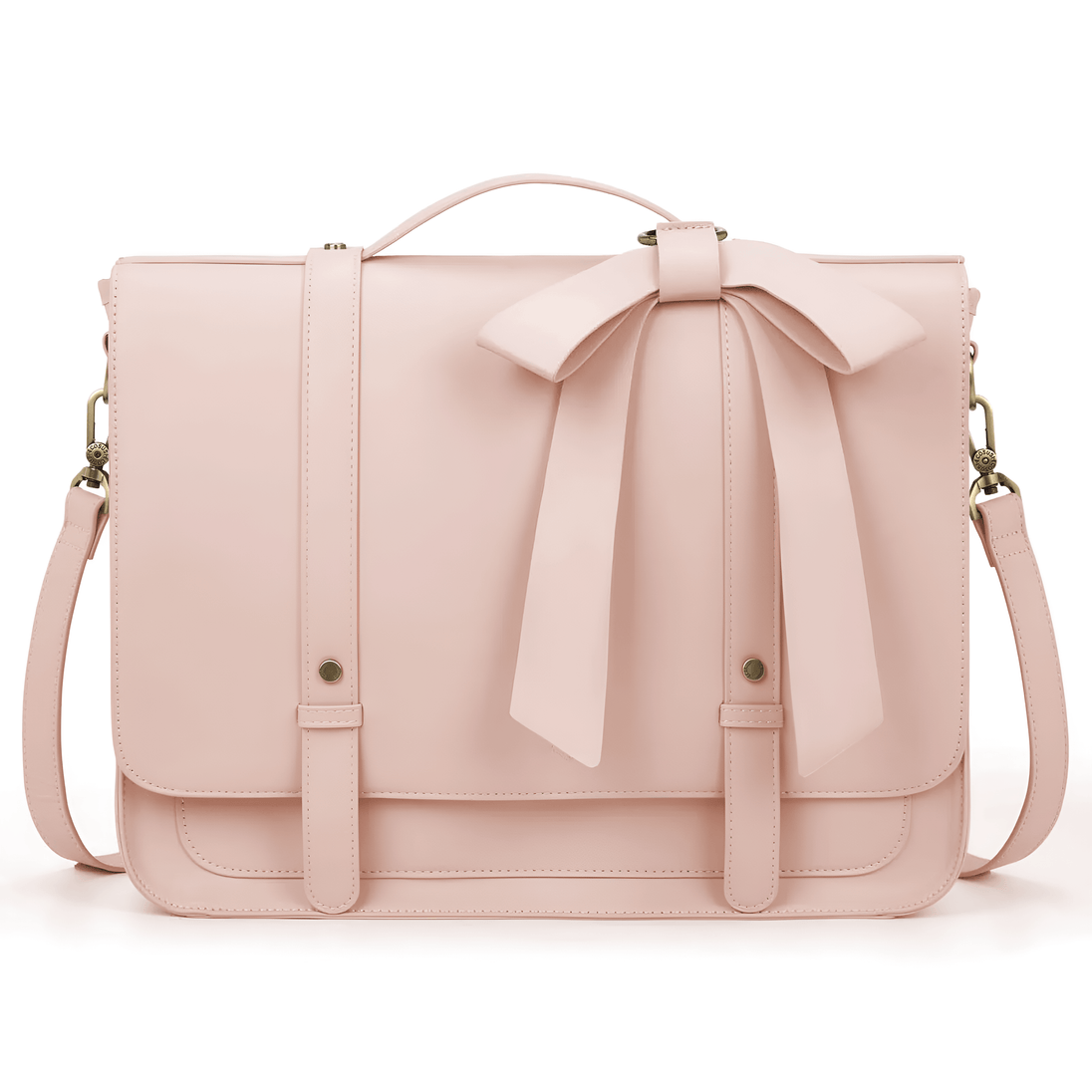 Multi-Function Shoulder Bag in soft pink, featuring a removable bow, zipper and hasp closure, made of eco-friendly patent leather.