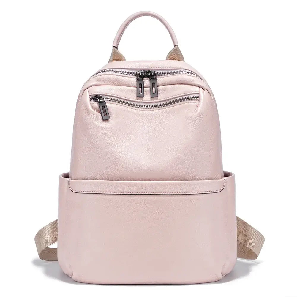 Pink leather backpack for women, lightweight, stylish, practical design with organized storage.