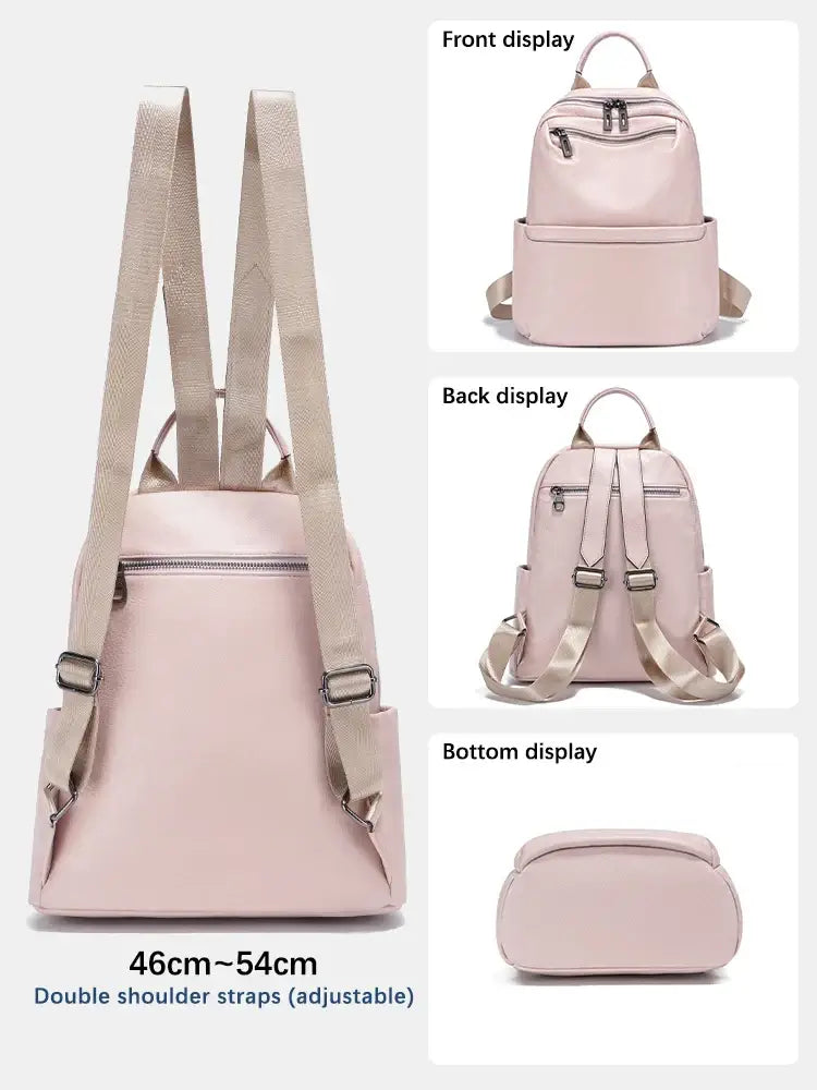 Pink leather backpack for women, featuring adjustable double shoulder straps, lightweight design, compact capacity.