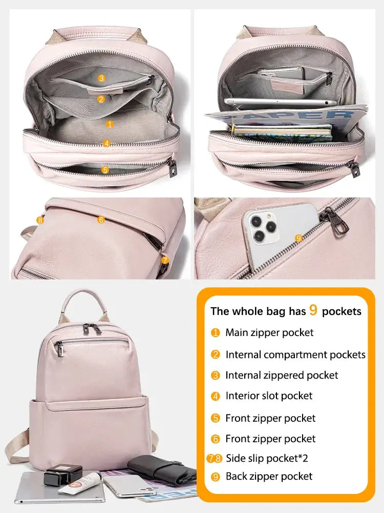 Pink leather backpack with 9 pockets, organized interior, ideal for women, lightweight and stylish design.
