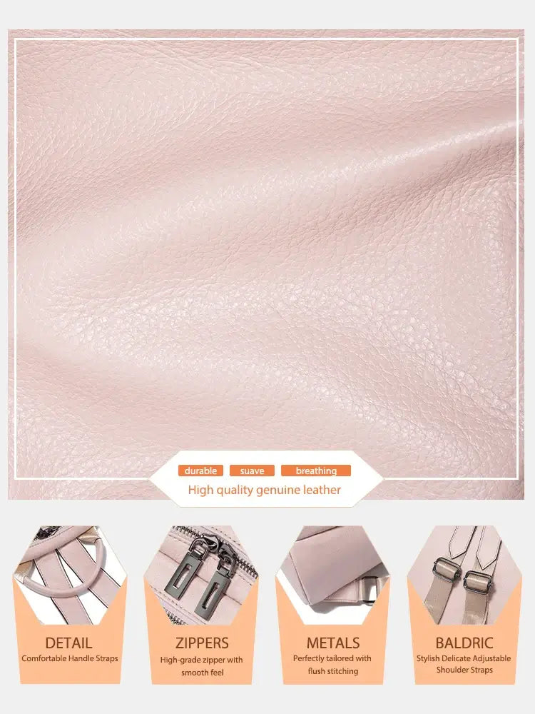 Genuine leather texture in pink, showcasing durability and high-quality design for a stylish leather backpack.