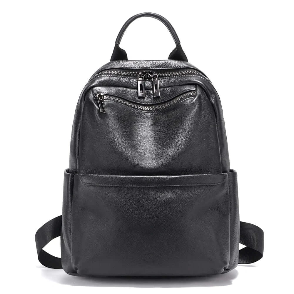 Black leather backpack designed for women, featuring organized storage and a sleek, minimalist style.