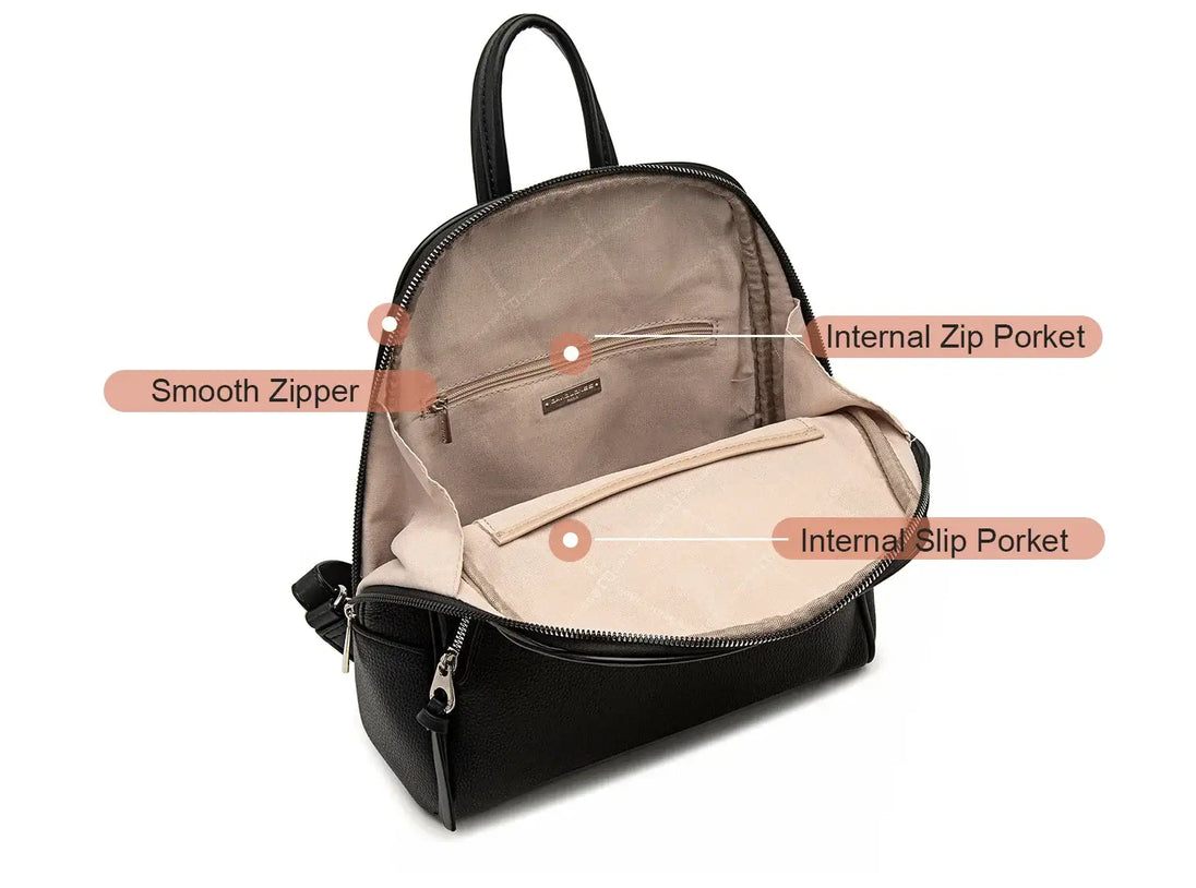 Fashion women's vintage style shoulder bag showing internal zip and slip pockets with smooth zipper details.