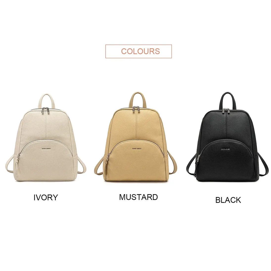 Fashion women's vintage style backpack available in ivory, mustard, and black colors.