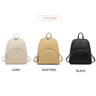 Fashion women's vintage style backpack available in ivory, mustard, and black colors.