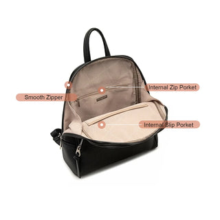 Fashion women's vintage black backpack interior view with internal zip and slip pockets.