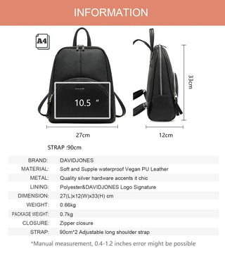 Fashion women's vintage style black backpack, soft PU leather, zipper closure, includes tablet pocket.