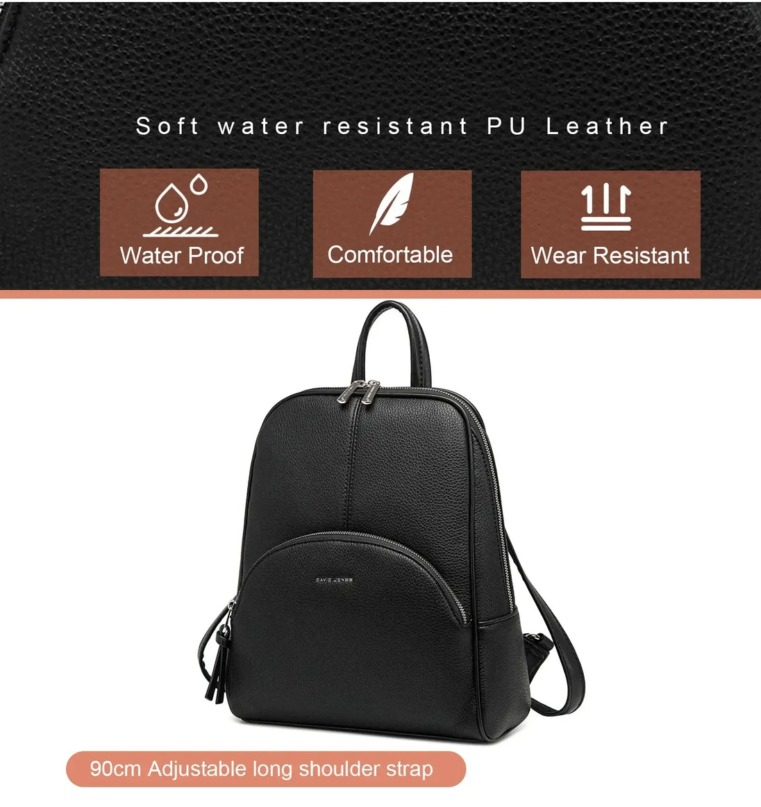 Fashion women's vintage backpack in black soft PU leather, water-resistant, comfortable, with adjustable straps.