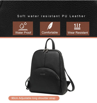 Fashion women's vintage backpack in black soft PU leather, water-resistant, comfortable, with adjustable straps.