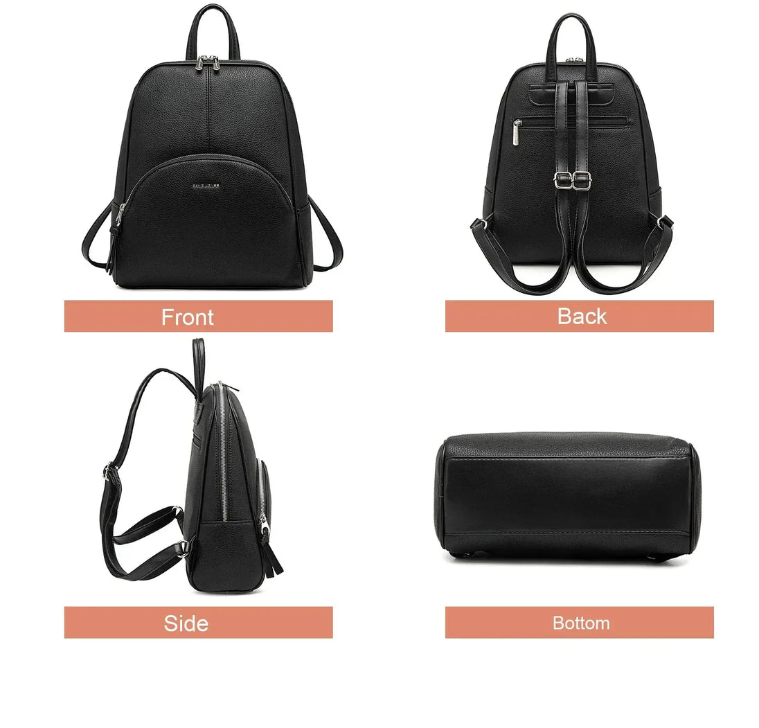 Fashion women's vintage black PU backpack showcasing front, back, side, and bottom view.