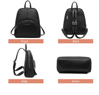 Fashion women's vintage black PU backpack showcasing front, back, side, and bottom view.
