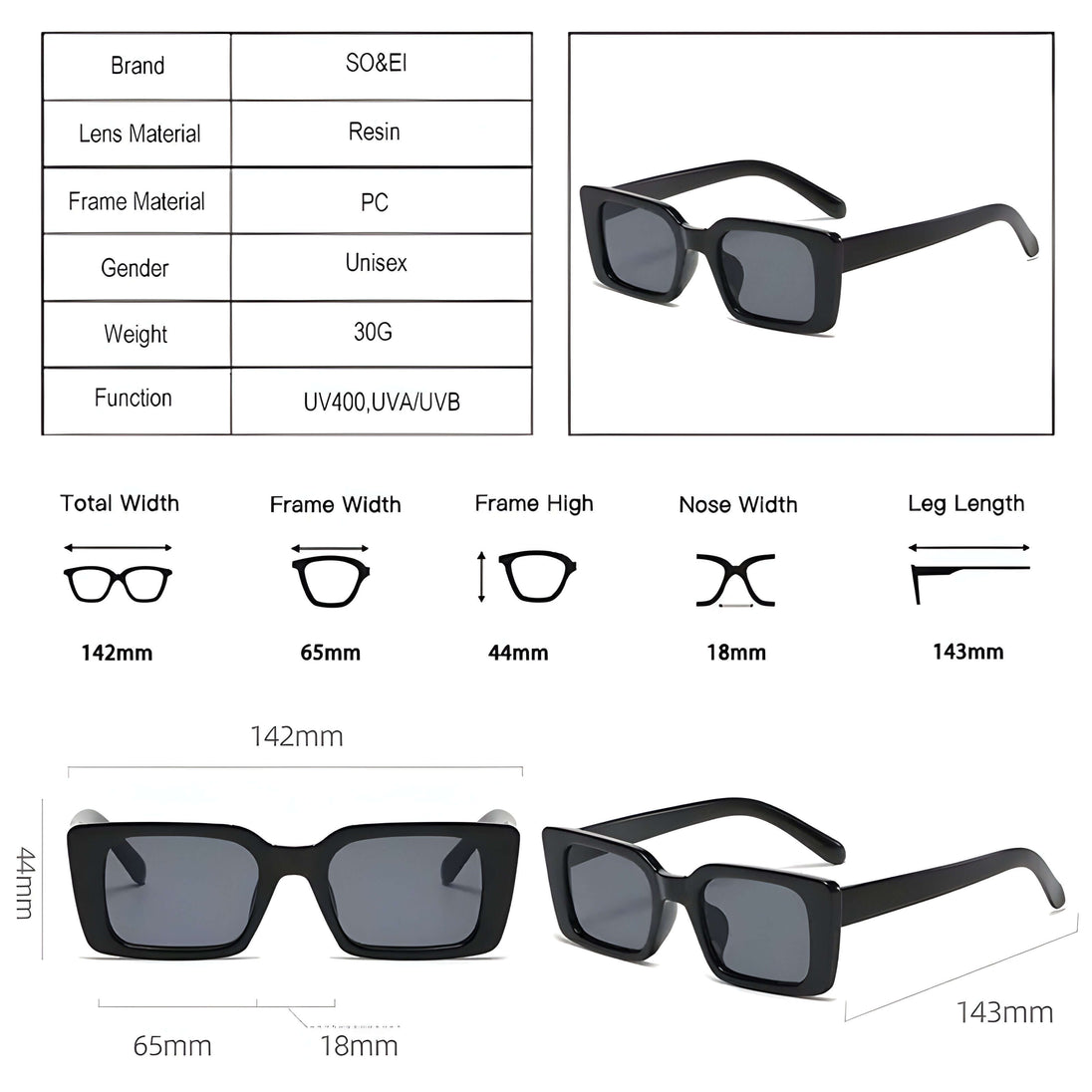 Women's black square sunglasses with UV400 protection, stylish polycarbonate frame, ideal for outdoor activities.
