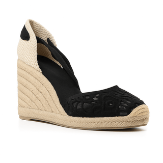 Black espadrille sandals, women's ankle strap with lace-up closure, elegant and lightweight design.