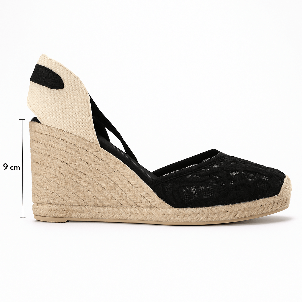 Espadrille sandals, black lace-up ankle strap, stylish Roman design with 9 cm wedge heel.